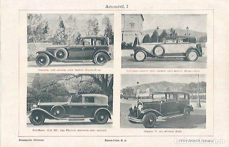 Postales: LAMINA ESPASA 10906: Automoviles de Hhispano Suiza Chrysler y Rolls Royce - Varios