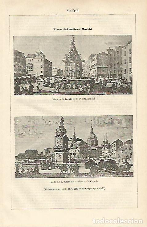 Postais: LAMINA ESPASA 19830: Vistas del antiguo Madrid (puerta del Sol y Fuente de la plaza de la Cebada) -
