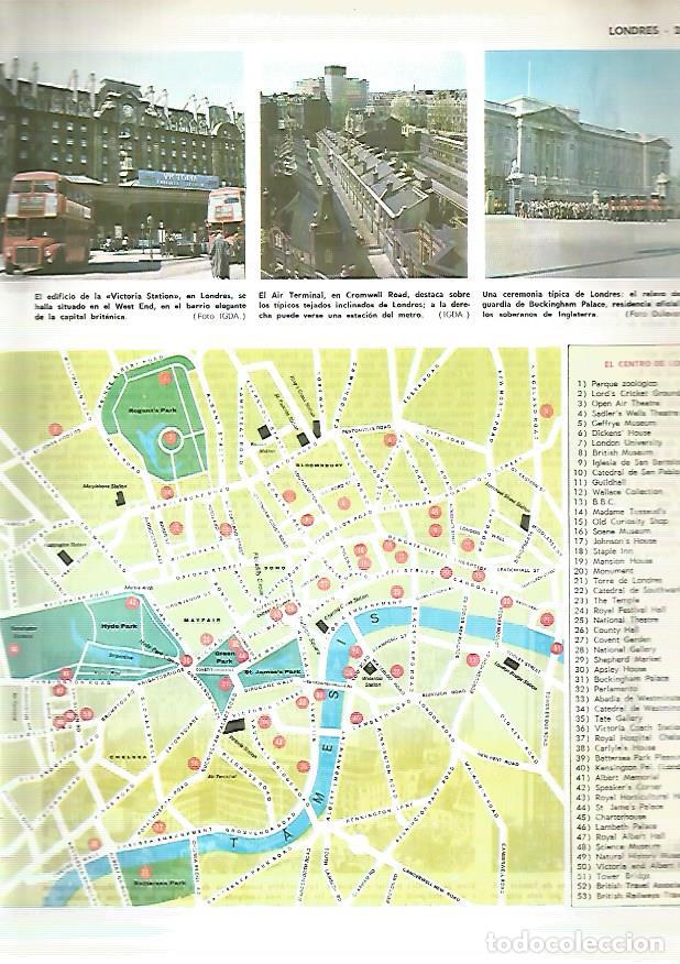 Postais: LAMINA MONITOR 0328: MAPA DEL CENTRO DE LONDRES Y VISTAS DE LONDRES - Varios