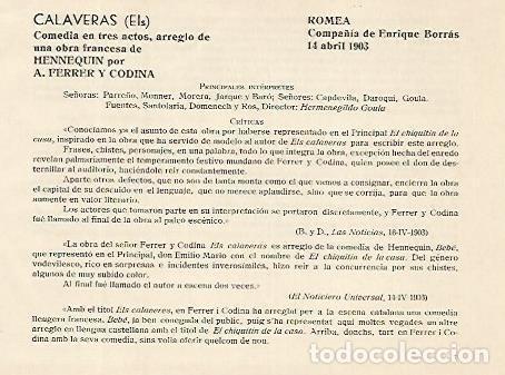 Cartoline: LAMINA 2959: Reparto y criticas de Els Calaveras. Romea 14 abril 1903 - Jose Maria Junyent (director