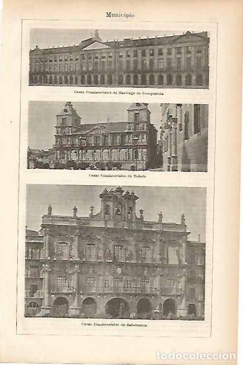Postais: LAMINA ESPASA 11496: Ayuntamientos de Santiago de Compostela Toledo y Salamanca - Varios
