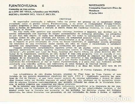 Cartoline: LAMINA 2808: Criticas de Fuenteovejuna de Lope de Vega. Novedades 15 julio 1904 - Jose Maria Junyent