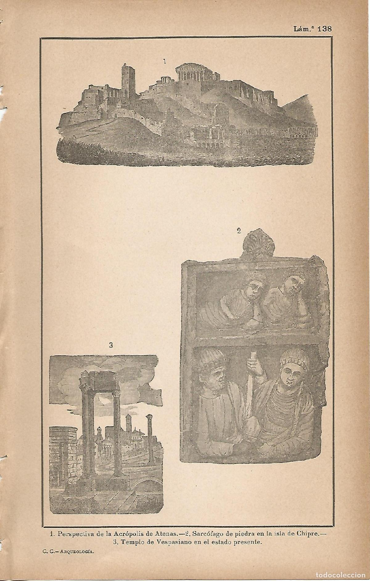 Postales: Lamina 138: Acropolis - Sarcofago de Chipre - Templo de Vespasiano - C&eacute;sar Cant&uacute;