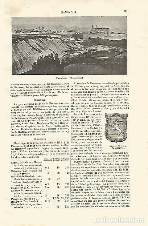 Postcards: LAMINA ESPASA 23512: Vista y escudo de Pamplona - Varios