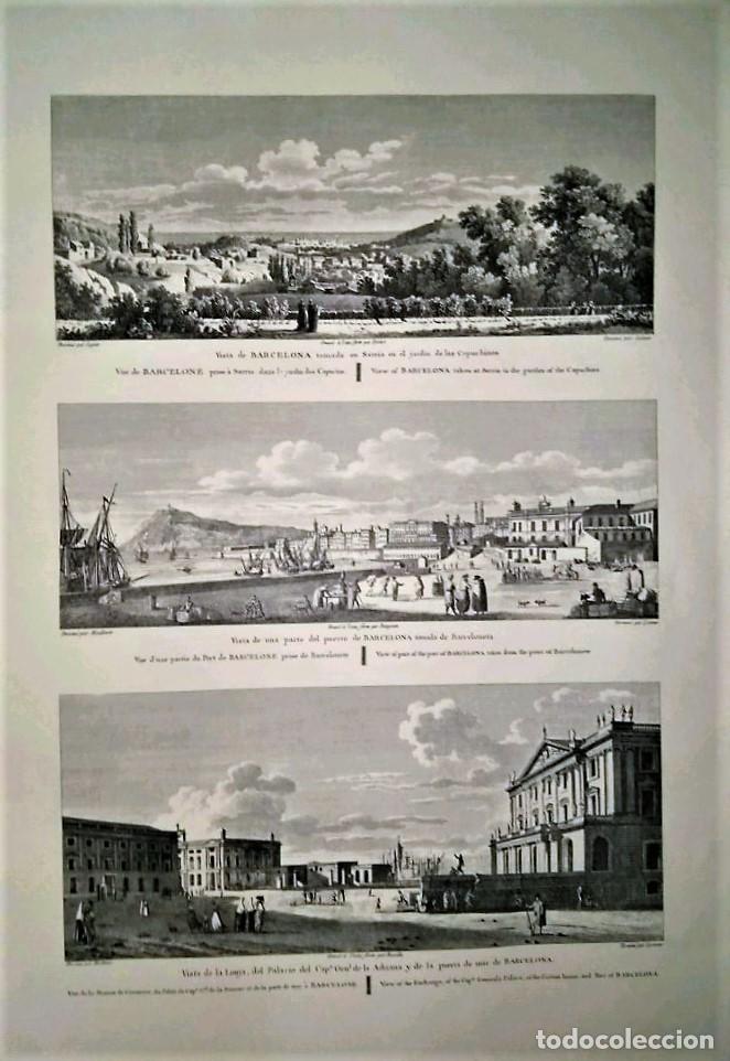 Postales: Lamina CATALOGNE, Numero 05: 3 Vistas de Barcelona desde Sarria, Puerto en la Barceloneta y Lonja de