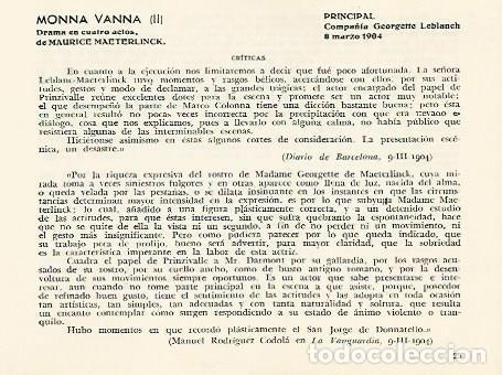 Cartoline: LAMINA 2881: Criticas de Monna Vanna. Principal 8 marzo 1904 - Jose Maria Junyent (director)