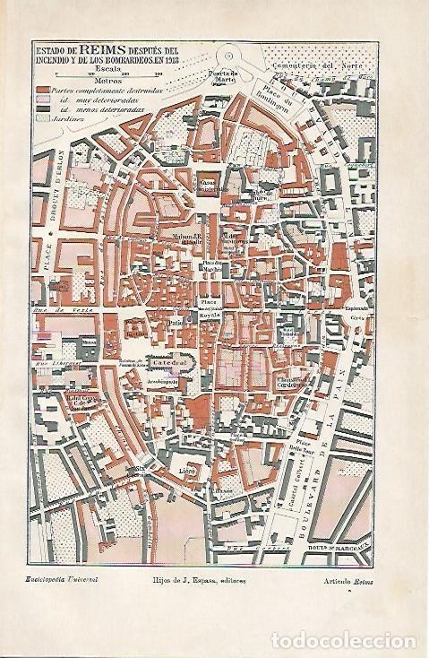 Postcards: LAMINA ESPASA 975: Mapa de Reims despues del bombardeo de 1918 - Varios Autores