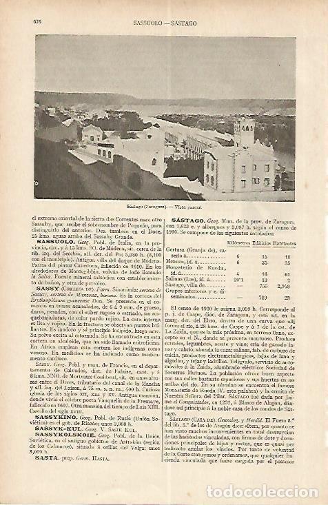 Cartes Postales: LAMINA ESPASA 19564: Vista de Sastago Zaragoza - Varios
