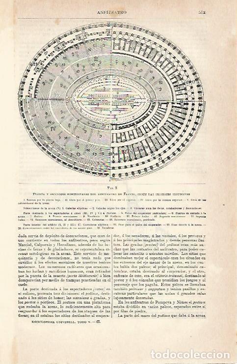 Postais: LAMINA ESPASA 6981: Planta y seccion del anfiteatro de Flavio o Coliseo en Roma - Varios