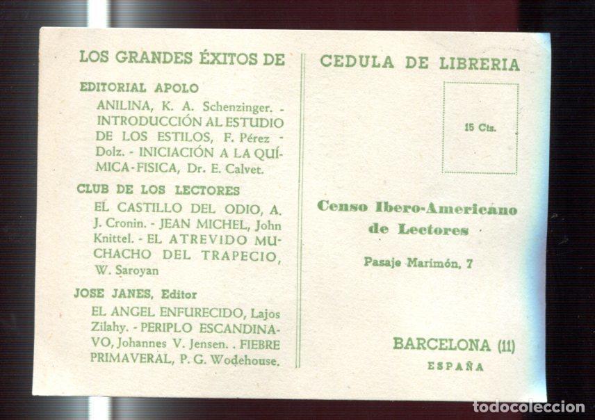Postales: Cedula de libreria propaganda de las editoriales Apolo, Club de los Lectores y Jose Jane Editor