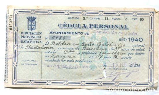 Postales: Recibo Cedula Personal del Ayuntamiento de San Adrian de Besos del a&ntilde;o 1940