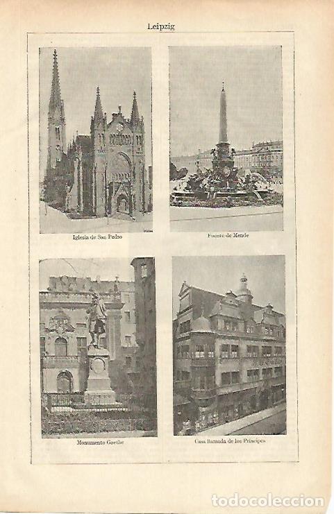 Postales: LAMINA ESPASA 26514: Iglesia Fuente de Mende Monumento a Goethe y Casa de los Principes de Leipzig -