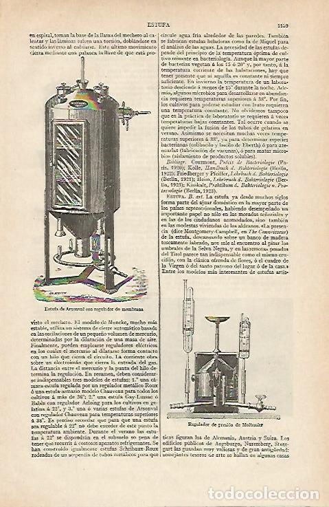 Postales: LAMINA ESPASA 16057: Estufa de Arsonval y regulador de presion de Moitessier - Varios