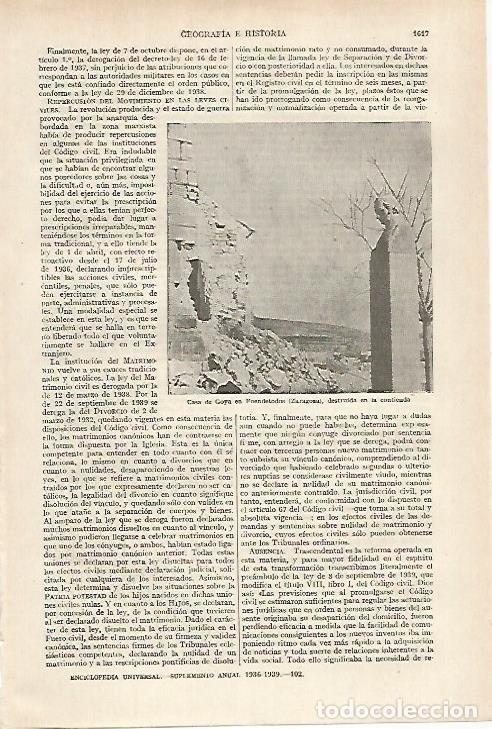 Postkarten: LAMINA ESPASA 27301: Casa de Goya en Fuendetodos Zaragoza durante la Guerra Civil - Varios