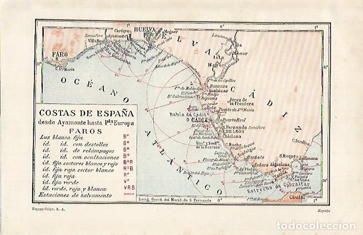 Postales: LAMINA ESPASA 15517: Mapa de las costas de Espa&ntilde;a desde Ayamonte hasta Puerto Europa - Varios