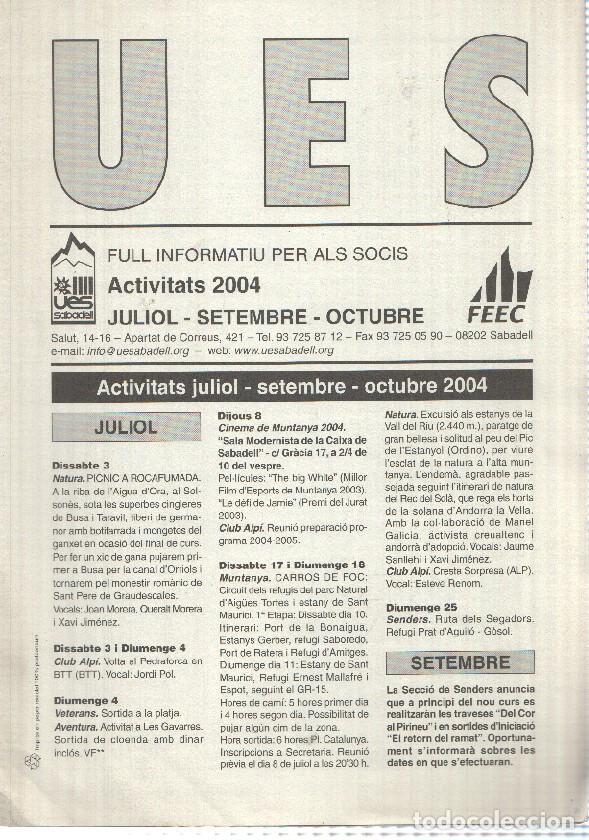 Postais: Full Informatiu: UES, Activitats 2004 - juliol, setembre, octubre (Unio Excursionista Sabadell)
