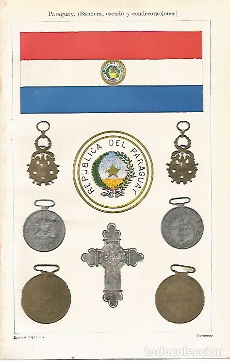 Postkarten: LAMINA ESPASA 23607: Bandera escudo y condecoraciones de Paraguay - Varios