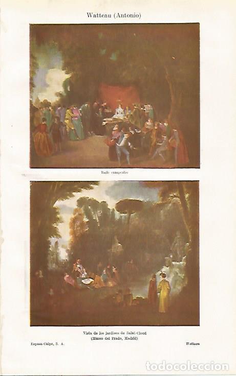 Postais: LAMINA ESPASA 30531: Baile campestre y Vista de los jardines de Saint Cloud por Watteau - Varios