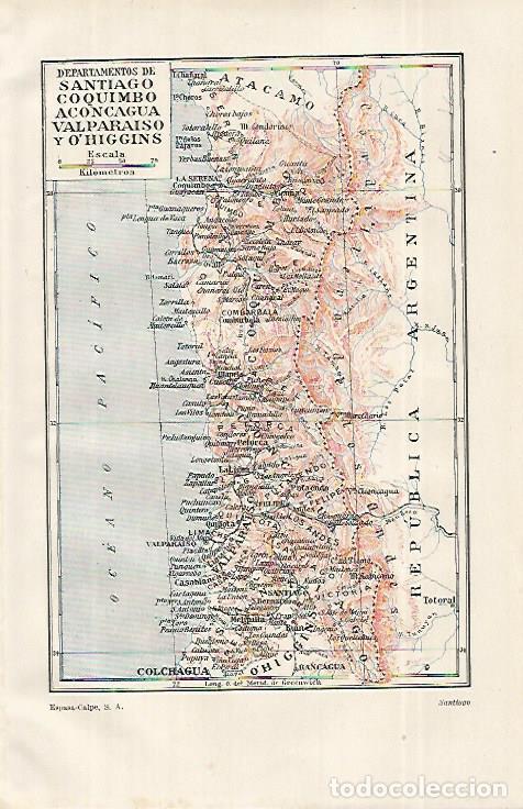 Postales: LAMINA ESPASA 12278: Mapa de los departamentos de Santiago Coquimbo Aconcagua Valparaiso y O Higgins