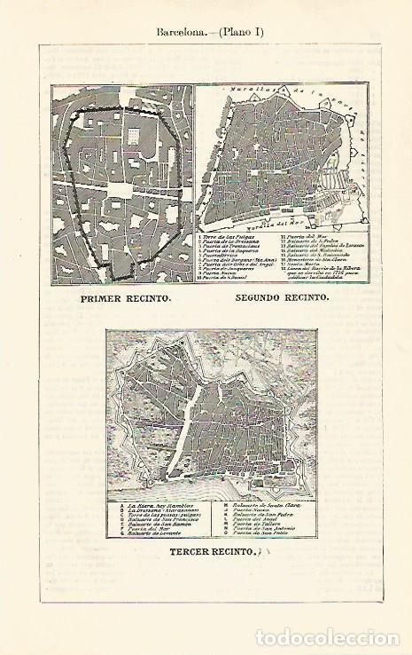 Postais: LAMINA ESPASA 30809: Planos de los recintos enmurallados de Barcelona - Varios