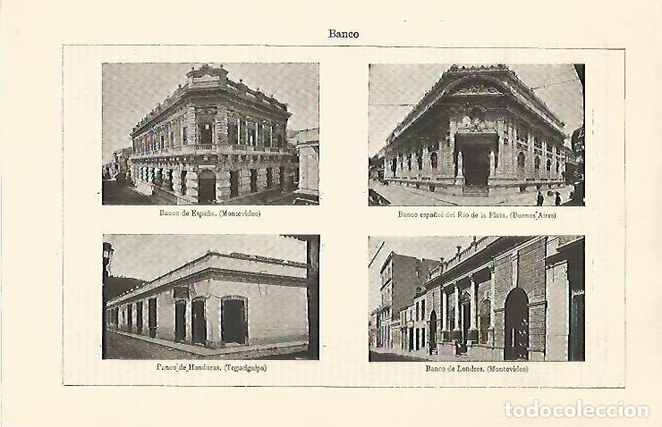 Cartoline: LAMINA ESPASA 30777: Bancos en Montevideo Buenos Aires yTegucipalga - Varios