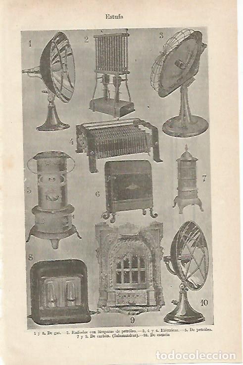 Postales: LAMINA ESPASA 16403: Tipos de estufa - Varios