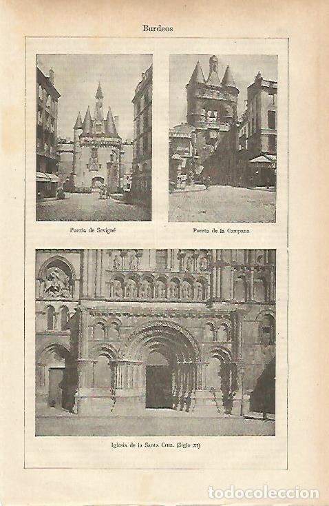 Postkarten: LAMINA ESPASA 25520: Puerta de Sevigne Puerta de la Campana e Iglesia de la Santa Cruz en Burdeos -