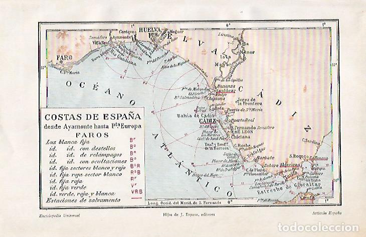 Postais: LAMINA ESPASA 10029: Mapa de las Costas de Espa&ntilde;a desde Ayamonte hasta Punta Europa - Varios