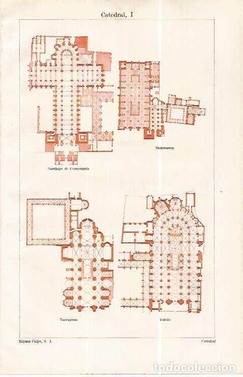 Postais: LAMINA ESPASA 32414: Plantas de las catedrales de Santiago de Composstela, Salamanca, Tarragona y To