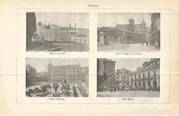 Postais: LAMINA ESPASA 32843: Fabrica de armas, Plaza del Riego, Banco Asturiano y Plaza Mayor de Oviedo - Va