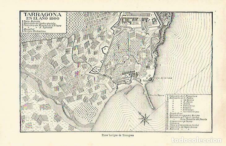 Postales: LAMINA ESPASA 33464: Mapa de Tarragona en el 1800 - Varios