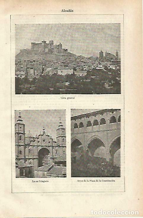 Postais: LAMINA ESPASA 33655: Ex Colegiata, arcos y vista de Alca&ntilde;iz, Teruel - Varios
