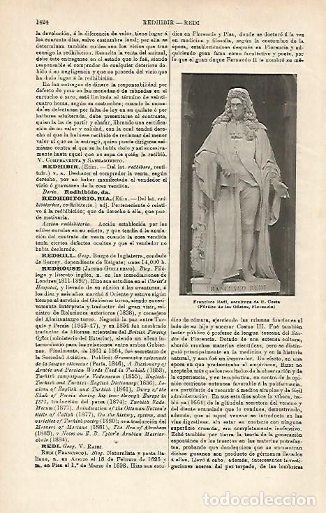 Cartes Postales: LAMINA ESPASA 16037: Francisco Redi escultura de R. Costa en Florencia - Varios