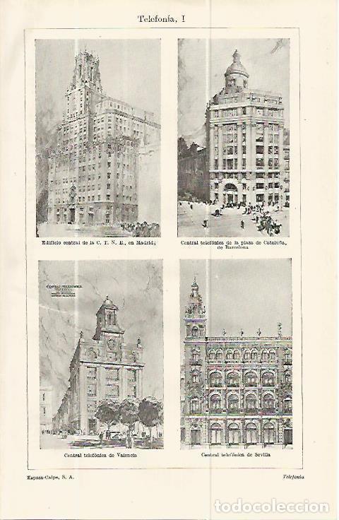 Postais: LAMINA ESPASA 13757: Edificios de Telefonica en Madrid Barcelona Valencia y Sevilla - Varios