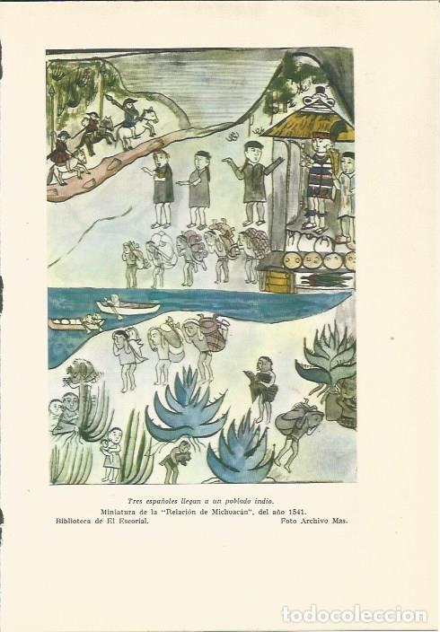Cartes Postales: LAMINA 24754: Tres es&agrave;&ntilde;oles llegan aun poblado indio, miniatuta de la Relacion de Michoacan de 1541