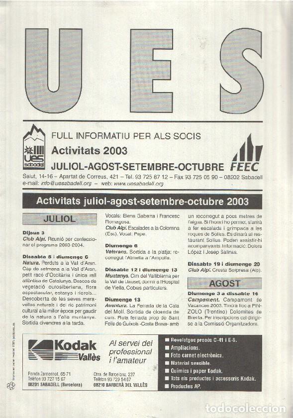 Cartoline: Full Informatiu: UES, Activitats 2003 - de Juliol a Octubre (Unio Excursionista Sabadell) - Incluye