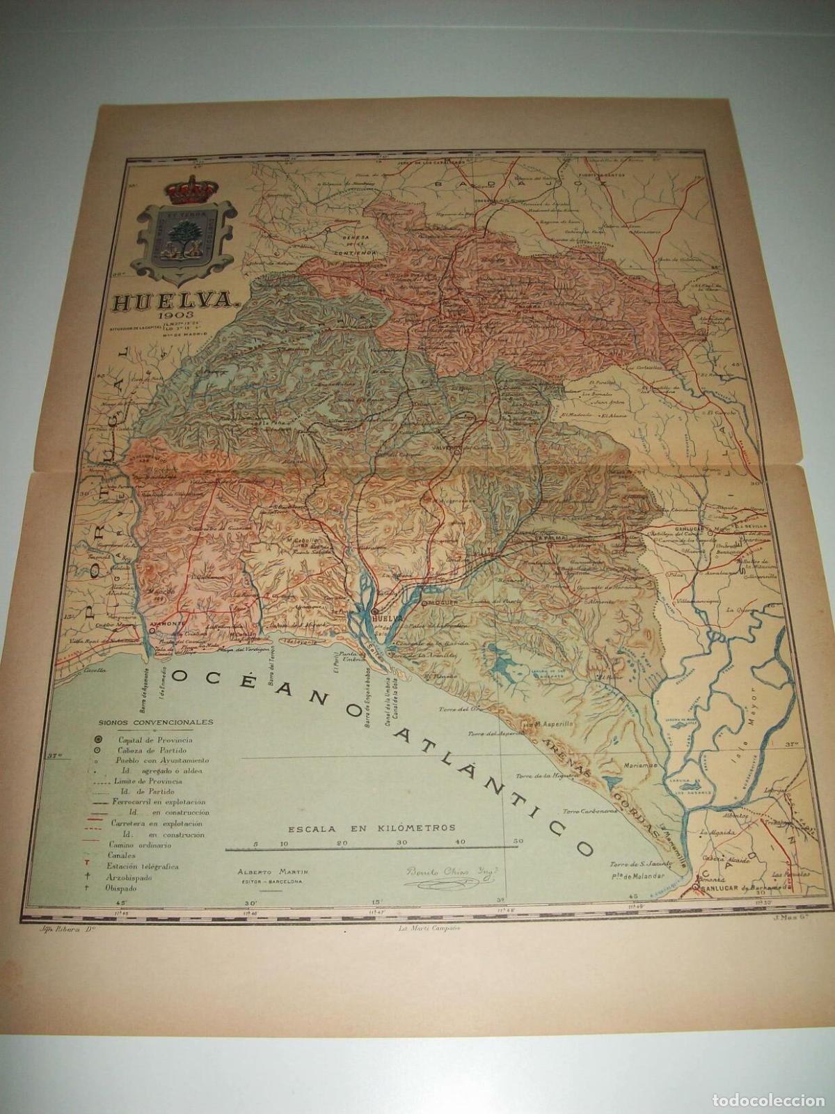 Postcards: Mapa de la provincia de Huelva. 1903. Firmado por Benito Chias. - Benito Ch&iacute;as y Carb&oacute;