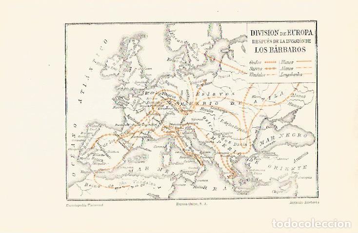 Postales: LAMINA ESPASA 30803: Mapa de la division de Europa despues de la invasion de los barbaros - Varios