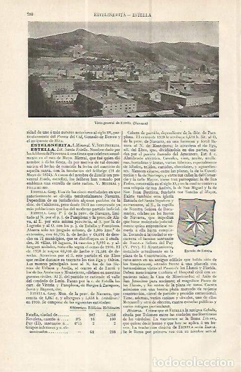 Postales: LAMINA ESPASA 16367: Vista general y escudo de Estella Navarra - Varios