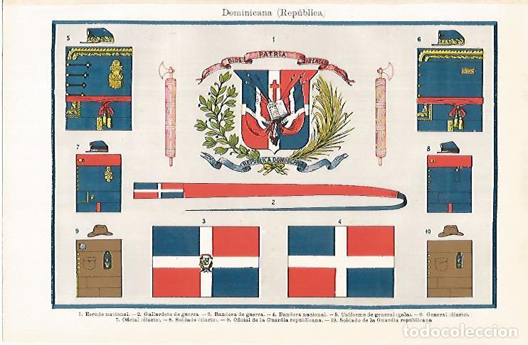 Postcards: LAMINA ESPASA 31484: Escudo bandera de guerra y distintivos de la Republica Dominicana - Varios