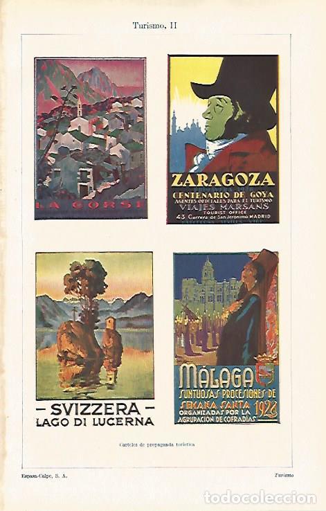 Postkarten: LAMINA ESPASA 31778: Carteles de turismo de Zaragoza La Corse Suiza y Malaga - Varios