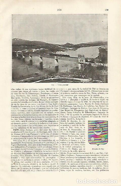 Postais: LAMINA ESPASA 31829: Vista y escudo de Tuy Pontevedra - Varios