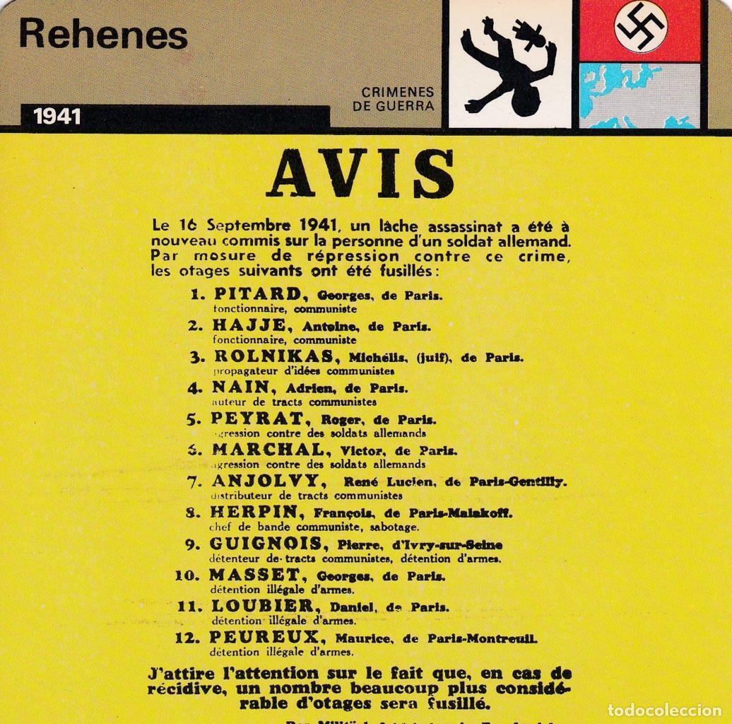 Postales: FICHA CRIMENES DE GUERRA: REHENES. 1941 - NULL - Foto 1
