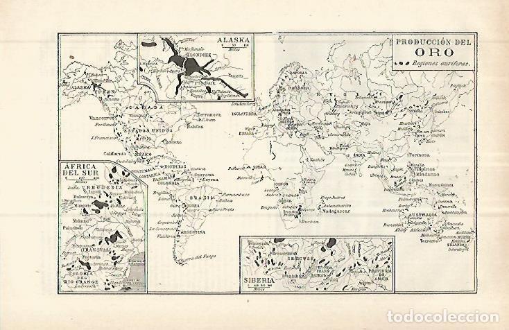 Postales: LAMINA ESPASA 32897: Mapa mundial de produccion de oro - Varios