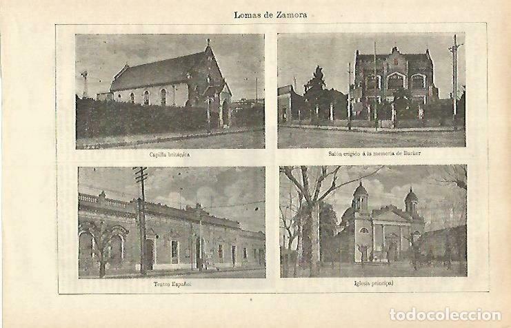 Postkarten: LAMINA ESPASA 33431: Capilla Britanica, Iglesia, Teatro Espa&ntilde;ol y Salon de Barker en Lomas de Zamora