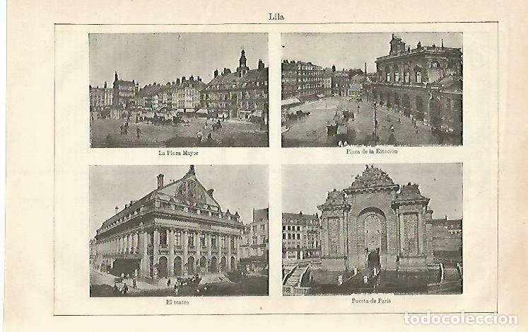Cartoline: LAMINA ESPASA 33272: Plaza Mayor, Plaza de la Estacion, Teatro y Puerta de Paris de Lille, Francia -