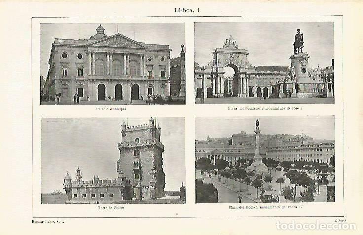 Postales: LAMINA ESPASA 33347: Palacio Municipal, Plaza del Comercio, Torre de Belem y Plaza del Rocio en Lisb