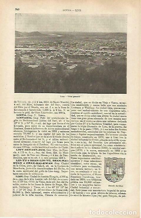 Postais: LAMINA ESPASA 33319: Vista y escudo de Linz, Austria - Varios