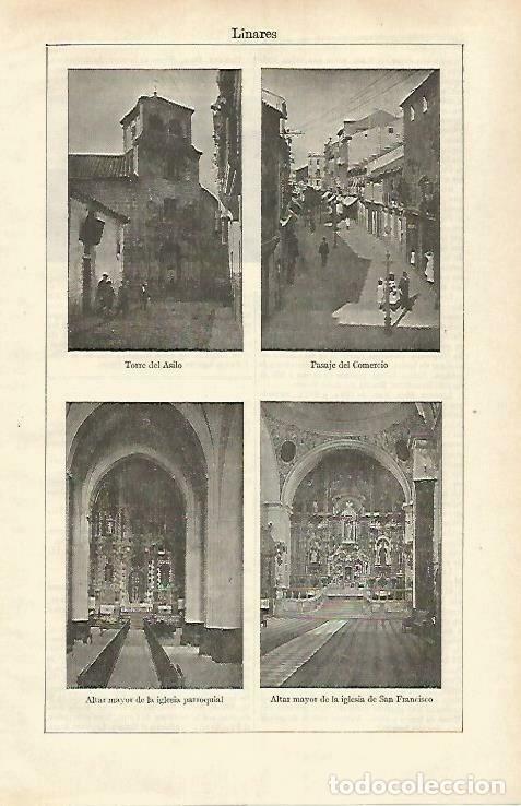 Cartoline: LAMINA ESPASA 33297: Torre del Asilo, Pasaje del Comercio, Iglesia de San Francisco de Linares, Jaen