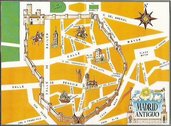 Postais: LAMINA 14392: Mapa del Madrid antiguo - Lorenzo Lopez Sancho, dibujos de Go&ntilde;i